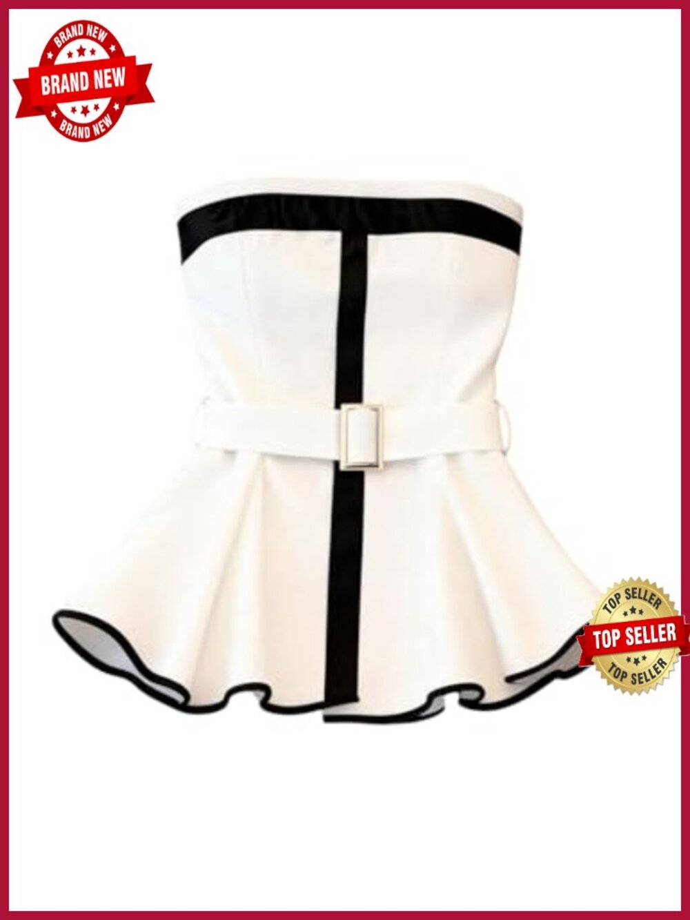 Strapless Bandeau Tube Peplum Top with Ruffle Back, Adjustable Belt, Summer Tank